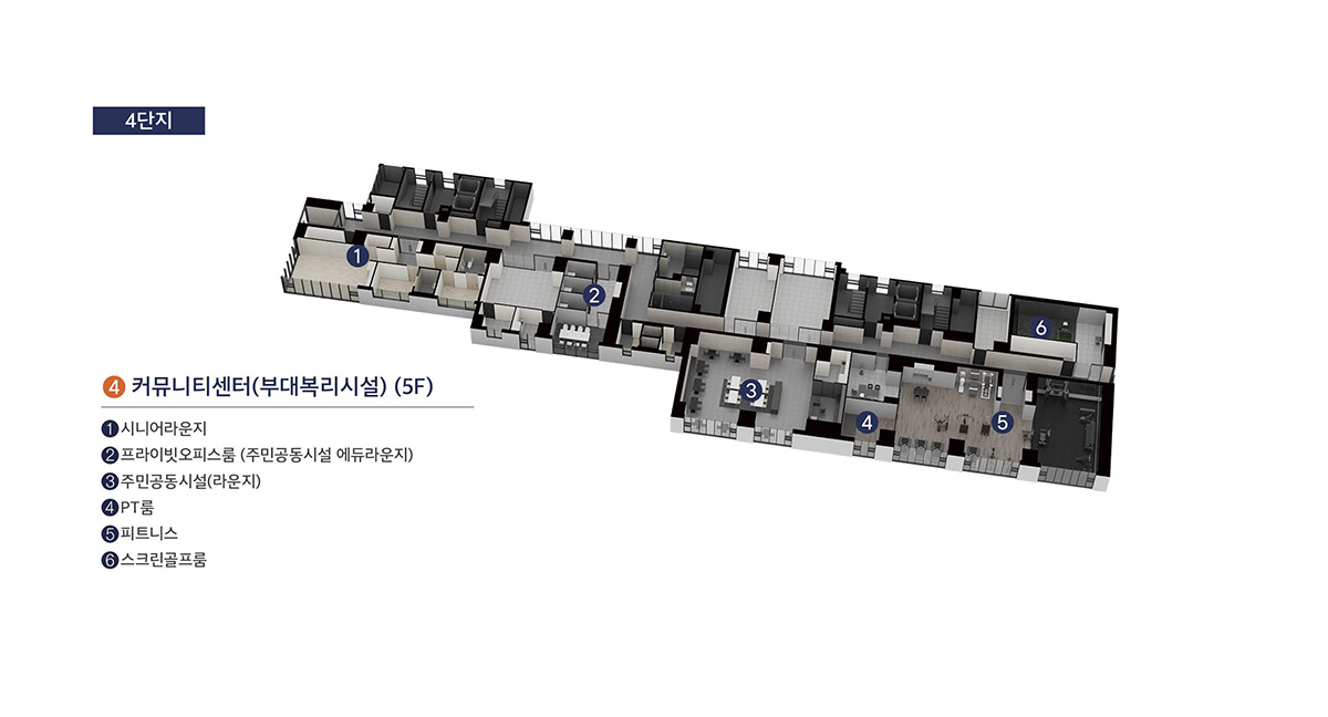 커뮤니티 — 4단지 커뮤니티센터(5F): 시니어라운지·프라이빗오피스룸·주민공동시설·PT룸·피트니스·스크린골프룸